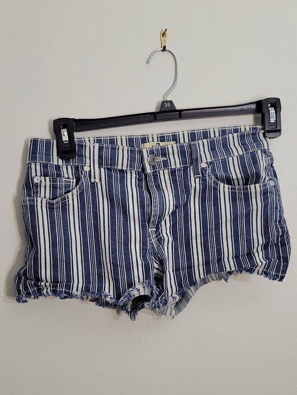7 For All Mankind Navy and White Striped Denim Cutoff Shorts